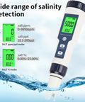 Straight Up Precise Digital Pool Water Tester And Salt Salinity Checker measuring salinity levels in water with green display.