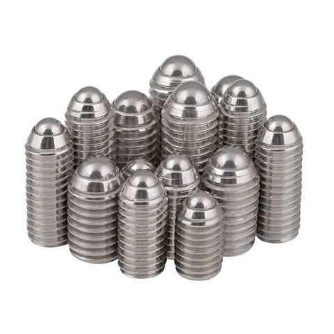 Premium Stainless Steel Spring Ball Plunger Screws Featuring Metric Threads For Rock Solid Positioning And Zero Hassle Machine Setup Including Full M3 M4 M5 M6 M8 Sizes For Straight Up Durability And Bulletproof Load Support, showing a group of screws.