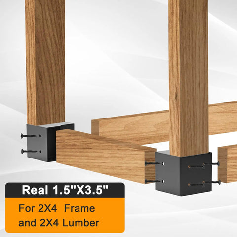 3 Way Corner Bracket Kit for Workbenches, Heavy Duty Steel Right Angle Brackets for 2x4 Wood, 8 Piece Set installed on frame