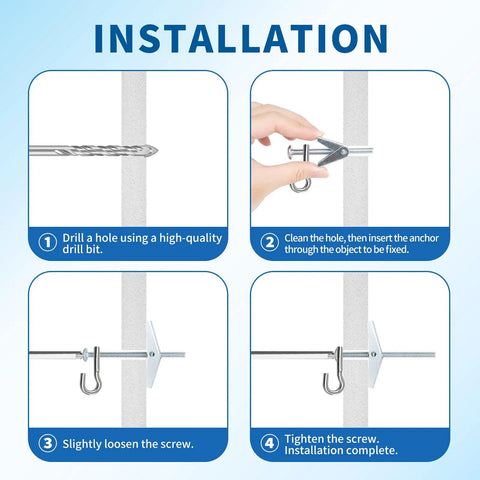 Installation steps for Heavy Duty Hollow Wall Anchors Kit For Drywall And Ceiling Mounts With Toggle Bolts And Wing Nuts, 50 Piece Metal Anchors And Screws Assortment, Butterfly Anchors For Hanging One Eighth Inch.