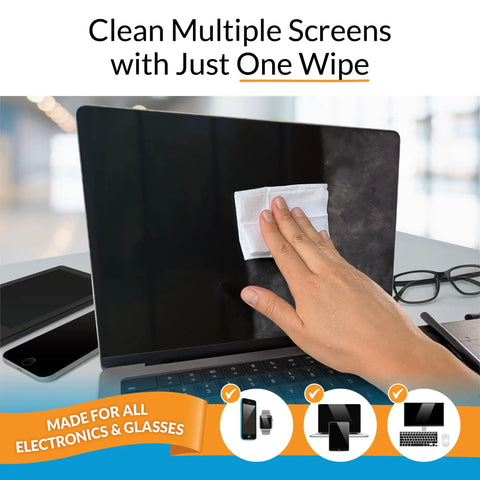 Screen Cleaning Wipes Travel Pack Individually Wrapped For Laptops Monitors And TVs Streak Free 24 Large Wipes On The Go Convenience For Home Or Travel Use With Quick Dry Formula No Residue being used on laptop screen
