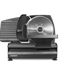Powerhouse Electric Deli Slicer With Adjustable Thickness Dial And Precision Stainless Steel Blade side view showing cutting mechanism.