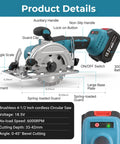 5 Inch Cordless Circular Saw Kit With Brushless Motor 6000 RPM showcasing features including auxiliary handle and blade guard.