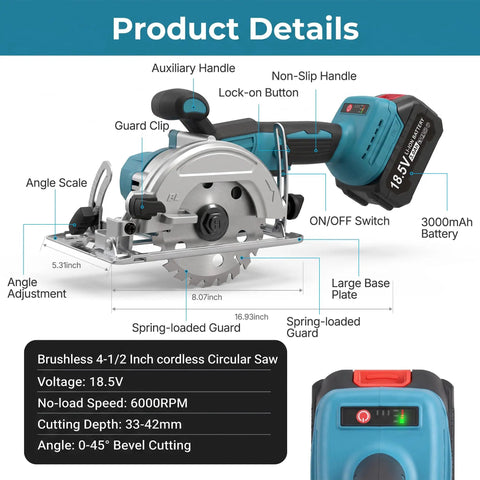 5 Inch Cordless Circular Saw Kit With Brushless Motor 6000 RPM showcasing features including auxiliary handle and blade guard.