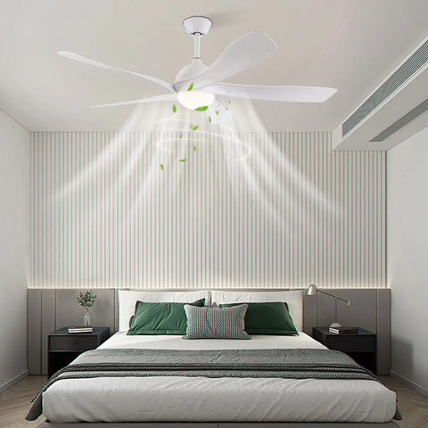 Ceiling Fan Light with Handheld Controller, 6 Wind Speeds, 3 Light Color in modern bedroom with white ceiling and green accents.