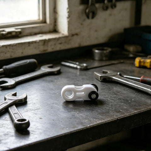 Dead Quiet Curtain Pulley Rollers With Hidden Rail Track And Dual Wheel Design For Heavy Drapes and Zero Hassle Ceiling Mount Hardware on workshop table.