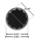 Top view of Snap Tight And Crank Loose Locking Lug Nuts With Heavy Duty 12 Spline 11 16 Socket measuring 0.620, 0.675, and 0.785 inches.
