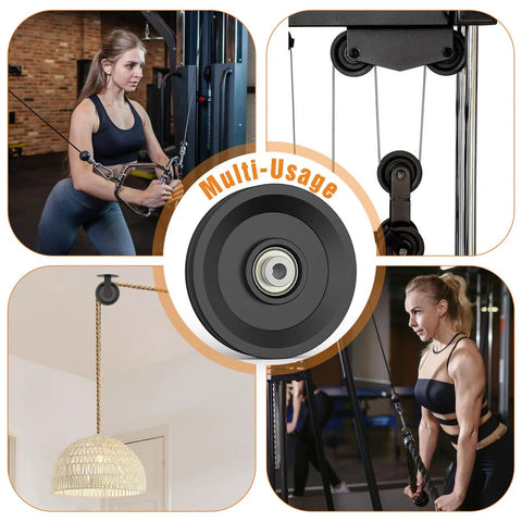 4.5 Inch Universal Nylon Bearing Pulley Wheel Replacement Heavy Duty Silent Spin 1000 Pounds Max Load Capacity Zero Shake Guarantee Rock Solid Build Straight Up Smooth Ride One Pack with gym user.