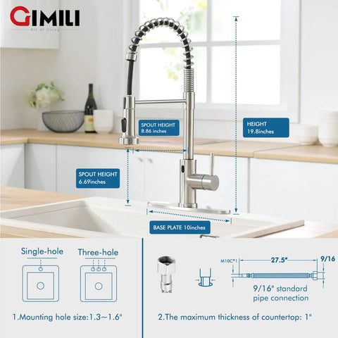 Diagram showing Hands Free Touchless Kitchen Faucet With Pull Down Sprayer, Motion Sensor, Single Handle, Brushed Nickel Finish.