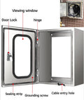 Detailed view of Rock Solid Wall Mount EV Charger Enclosure Box With Clear View Port And Hella Tough Corrosion Resistant Metal Shield, showcasing components.