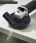 Universal 9 Inch Angle Grinder Cover With Heavy Duty Tough As Nails Debris Extraction Shroud secured on a marble surface.