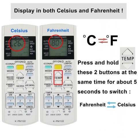 Premium Universal AC Remote Controller For Panasonic Air Conditioner Sub Wireless Temp Display Fahrenheit Celsius A75C2913 showing temperature change instructions.