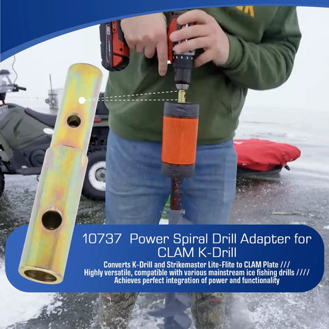 Universal Ice Fishing Power Auger Adapter converting K Drill and Strikemaster Lite Flite to Clam Drill Plate, showing installation.