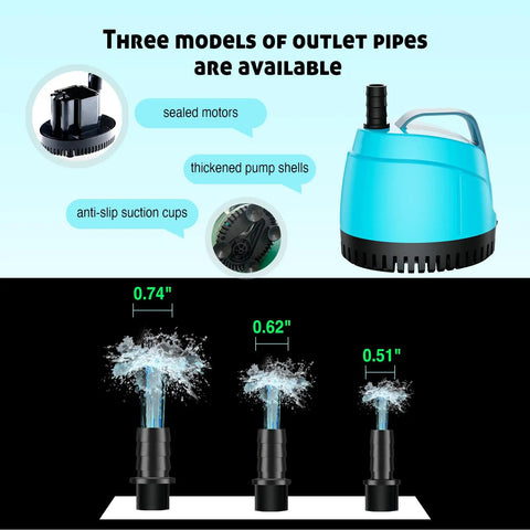 Ultra Quiet Submersible Water Pump 450 GPH 1700 LPH Bottom Suction Pond Pump With 3 Nozzles options shown 6.5 ft Lift