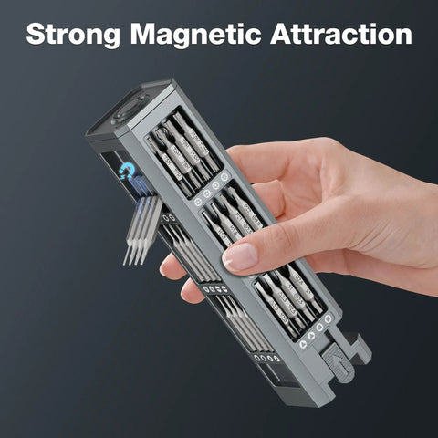 60 In 1 Precision Screwdriver Set With Magnetic Pop Up Case CRV Bits Mini Drivers for fixing phones, showing magnetic attraction feature.