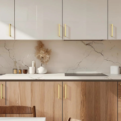 Heftiest 25 Pack of Slick Gold Cabinet Handles Measuring 5 Inch Long Crafted from Heavy Duty Zinc Alloy Keeps Kitchen Cabinets and Dresser Drawers Looking Snazzy New in modern kitchen.