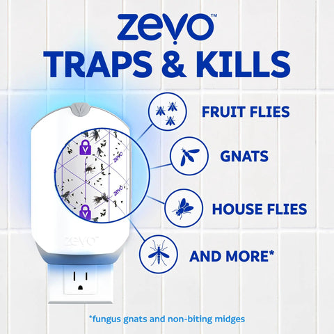 Straight Up Ruthless Flying Insect Trap Refill Cartridges For Fruit Flies And Gnats Total Plug In Pest Control Solution With Blue UV Lure 4 Count showing trapped flies in Zevo device.