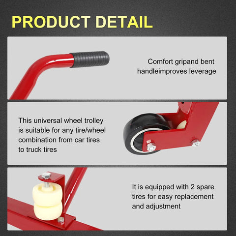 Detail of Heavy Duty Adjustable Tire Wheel Dolly Supporting Three Hundred Thirty Pounds with comfort grip handle and swivel rollers.