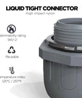 Close-up of HDHAODA Conduit Connectors, 1/2 Inch Liquid Tight Connector NPT Non-Metallic, showcasing key features and grey color.