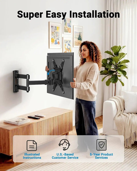 Next Level Full Motion TV Wall Bracket Slick Swivel Tilt Extend Arm For 13 To 43 Inch Echo Show being installed on wall.