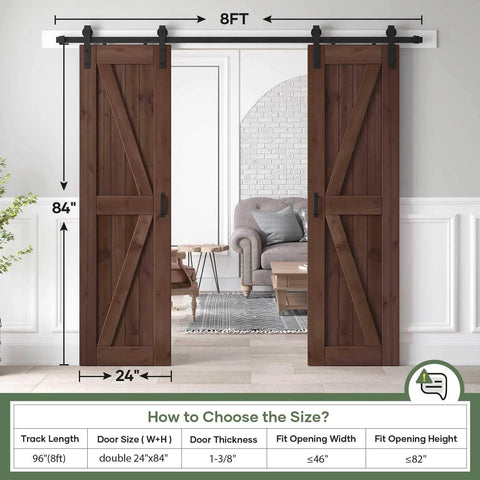 48x84 Inch Double 24x84 Inch Sliding Barn Wood Door Slab With 8ft Hardware Kit And Handle In Coffee Finish installed in living room