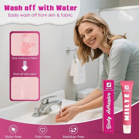 Woman using All Day Sweat Proof Body Adhesive For Clothes With Strong Hold And Water Wash Off Keeps Bras Strapless In Place