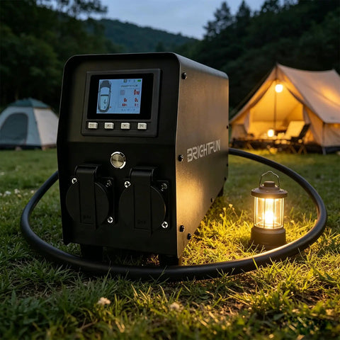 Plug And Play 3KW V2L Power Adapter Gun For Tesla Model 3 Y S X With Clear Lcd Display, heavy duty design, outdoor camping setup.