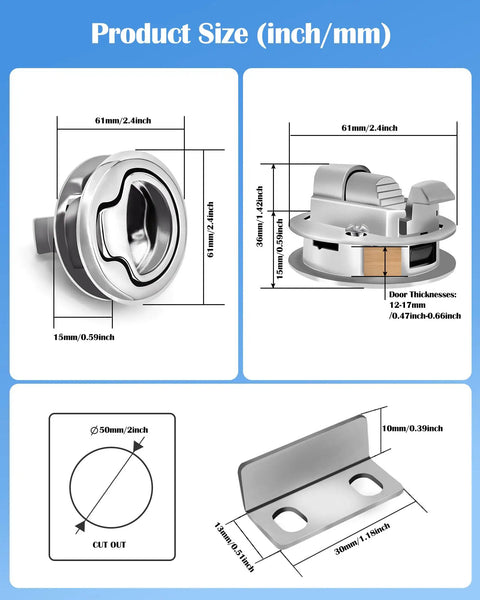 Diagram showing dimensions of Two Pack Two Inch Boat Slam Latch Lift Handle Lock Beefy Build Built Tough With Full Stainless Steel Door