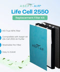 Asept-Air Life Cell 2550 Replacement Filter Kit with washable pre-filter and true HEPA filter displayed on a blue background.