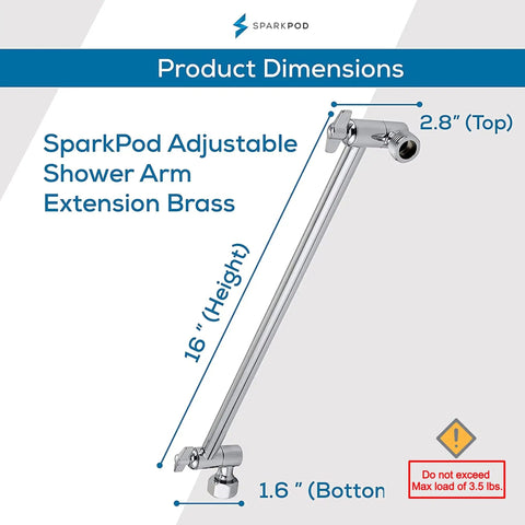 Solid Brass Shower Arm Extension 16 Inch With Flexible Height And Easy Adjust Angle Control Universal One Half Inch Pipe Connection Sturdy Lock Great For Rain Showerheads Chrome Polished Finish Enlarges Coverage And Customizable Shower Setup