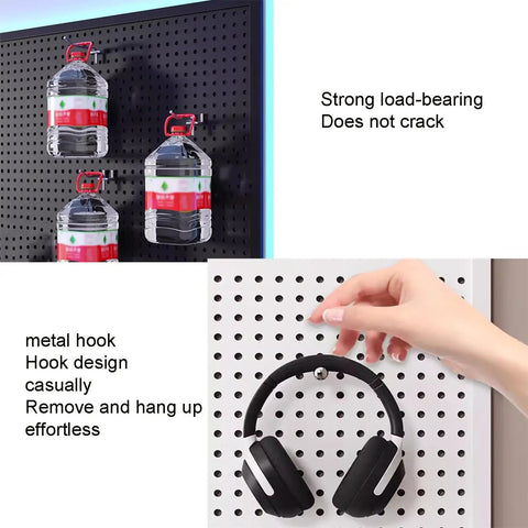 Heavy Duty Metal Pegboard Wall Organizer With Tools Hooks For Garage Shop Storage Green Powder Coated Steel Rack showing water bottles and headphones.