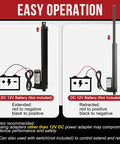 Diagram showing easy operation of 12V Linear Actuator With 10 Inch Stroke And 202 Lbs Load, extended and retracted views with battery connection.