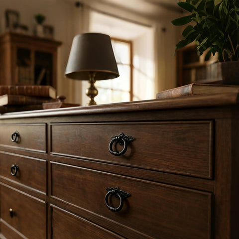 Top Shelf Vintage Black Ring Pull Handles For Kitchen Cabinets And Dressers Solid Zinc Alloy Build on a wooden dresser.