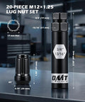 20-piece M12x1.25 lug nut set with socket key, dimensions shown, black finish for secure truck and SUV use.