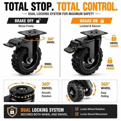 Tough As Nails Heavy Duty Caster Wheels With Dual Locking Brakes, 360° swivel options, dual locking system for secure movement.