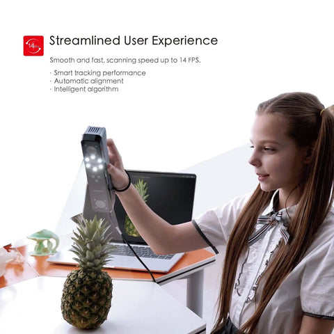 Girl using Handheld 3D Scanner With Infrared VCSEL Tech And Live RGB Color Capture on a pineapple for digital scanning.