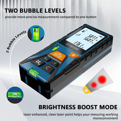 Solid Build Laser Distance Measurer With Glowing Backlit LCD And Precision Bubble Levels Fast Half Second Snap Readings Up To One Ninety Six Feet showing two bubble levels for accurate measurement.