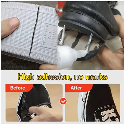 Waterproof Quick Dry Super Strong Shoe Glue For Sneakers Boots Sandals And Hiking Shoes Multi Purpose Adhesive For Fast Repairs Clear Formula With Precision Needle Tip Easy Application One Pack Sticks Like Crazy on shoe repair before and after