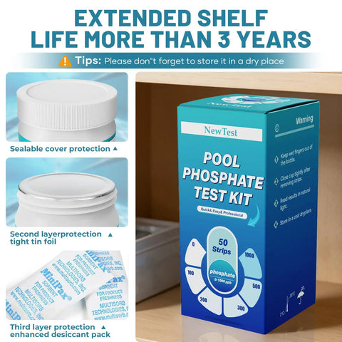 Pro Grade Pool Phosphate Test Strips 50 Count For Hot Tub And Spa Water Chemistry Testing in package with tips for storage.