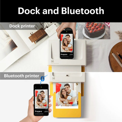 Dock Plus 4x6 Photo Printer For iPhone And Android, Bluetooth Printer With Built In Dock shown printing 4x6 photos