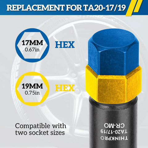 Heavy Duty 10 Spline Lug Nut Key And Ta20 Socket With Dual Hex Drivers For 17mm And 19mm Fasteners detailed view showing size compatibility with hex designs.