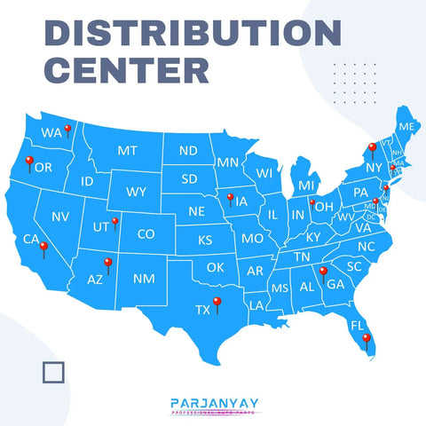 Map of US with distribution centers marked in red, showing states including Texas, California, and New York.