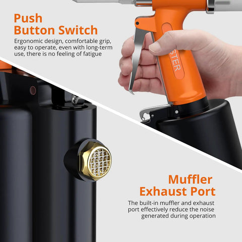 Heavy Duty Pneumatic Rivet Gun Is A Powerhouse Beast With 3924Lbf Pull Force showing ergonomically designed push button switch and muffler exhaust port.