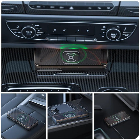 Ride Ready Wireless Charging Pad For GMC Sierra EV And Yukon Dashboards Center Console on a carbon fiber surface.