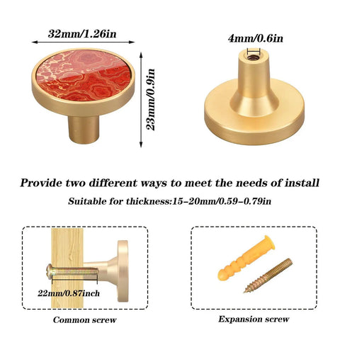 Top Shelf Red Happiness Round Cabinet Knobs Featuring A Slick Vintage Oil Paint Finish Hella Sturdy Rust Resistant Zinc Alloy Drawer Pulls Single Hole Mount Center Pack Of Four For Kitchen And Bedroom Cabinets dimensions 32mm by 23mm, installation options shown.