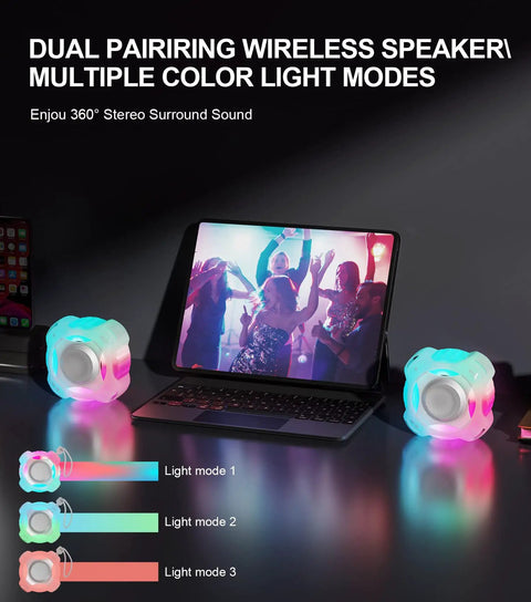 Shower Bluetooth Speaker Waterproof IPX7 With Floating Design And LED Light shown next to a laptop with color modes.