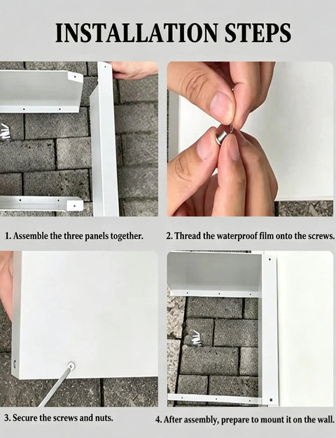 Step-by-step assembly of Top Tier Beefed Up Galvanized Steel EV Charger Cover with screws and panels on a brick surface.