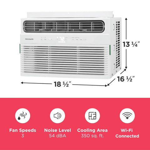 Big Chill 8000 BTU Smart Window Air Conditioner With Reliable WiFi Link and Voice Activated Controls For Rooms Near 350 Sq Ft showing dimensions and features.