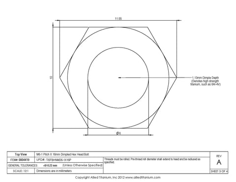Top view diagram of M6 x 16 mm dimpled titanium hex head bolt, showcasing precise dimensions for rugged marine use.