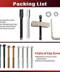 Steering Wheel Puller And Lock Plate Removal Tool Kit with compressor remover, bolts, puller legs, screws on red background.